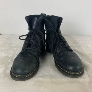 Dr. Martens Women's Black Leather Lace-Up Combat Boots with Yellow Stitching